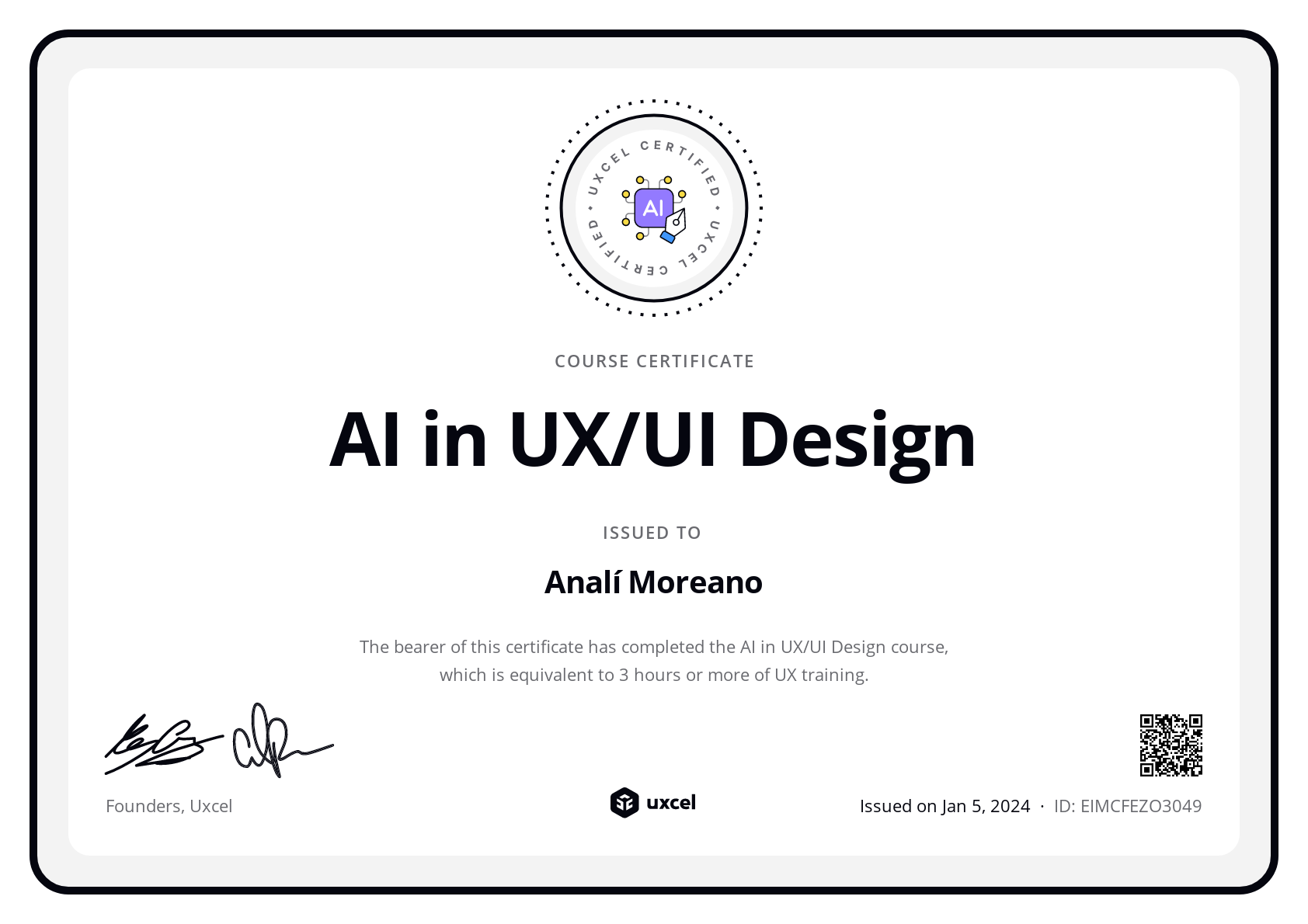 Analí Moreano's certificate